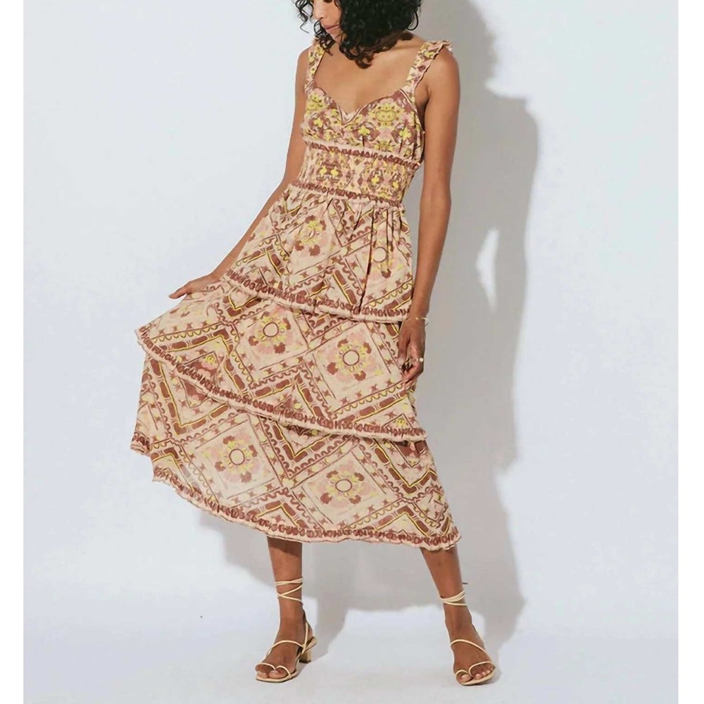 Cleobella Stella Ankle Dress Organic Cotton Smocked Tiered Boho Brown Yellow L